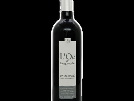 Bouteille de vin rouge « L’Oc de Longueroch », issue du Pays d’Oc avec une étiquette sobre noire et blanche, indiquant une IGP (Indication Géographique Protégée).
