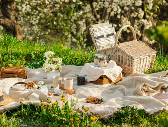 A bucolic picnic is set up on a linen blanket, in the heart of a sun-drenched flower-filled meadow.