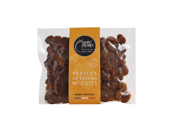 "Sachet de pépites de raisins mi-cuits Mont-Ventoux de la Maison Marc Peyrey, primé Best Of Best 2024 au salon Gourmet Selection."