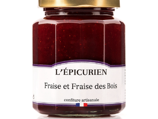 L’Épicurien strawberry and wild strawberry jam jar on a white background