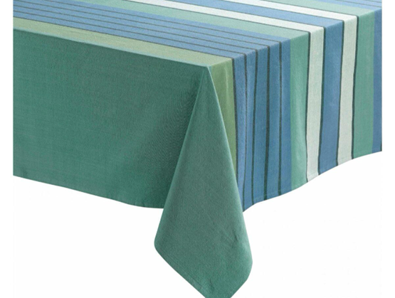Maison Vivaraise tablecloth with vertical stripes in green and blue tones, bringing an elegant and colorful touch to a dining table.