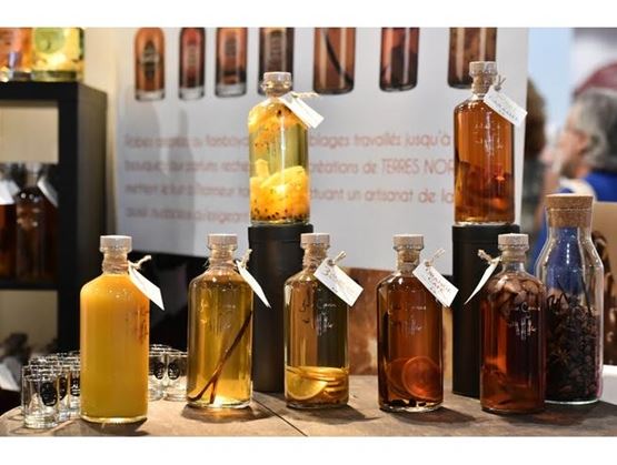Glass bottles of infused rum.