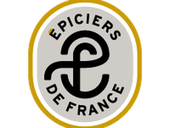 Logo circulaire « Épiciers de France » avec un symbole stylisé au centre et un contour doré sur fond clair.