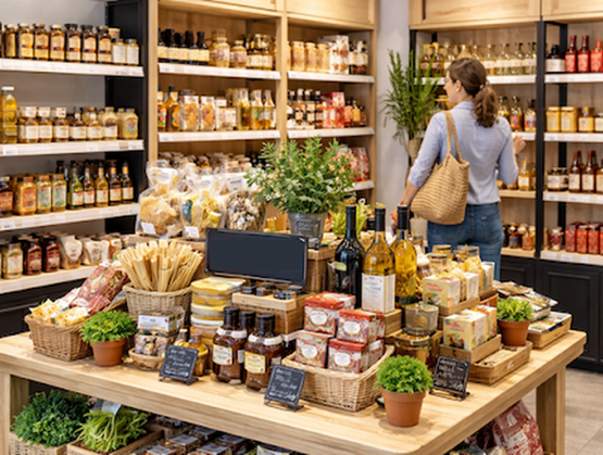 Présentoir de produits d’épicerie fine dans une boutique, avec une cliente devant les étagères.