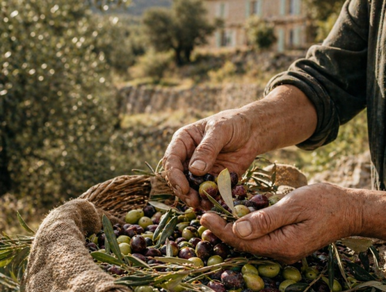Des mains triant des olives dans un panier. En arrière-plan, un verger d'oliviers et une maison. L'atmosphère est rustique et naturelle.