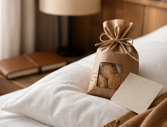 Sachet de biscuits posé sur un oreiller blanc, accompagné d’une carte dans une chambre à l’ambiance chaleureuse.