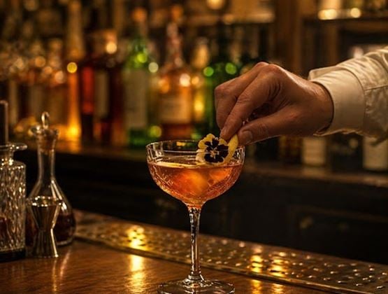 Main déposant une fleur comestible sur un cocktail ambré dans un bar à l’ambiance chaleureuse.