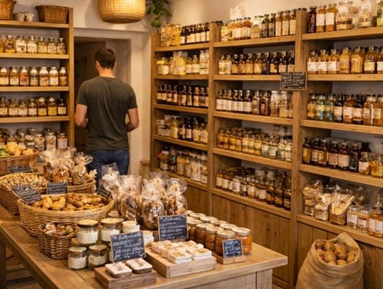 Intérieur d’une épicerie fine avec des étagères en bois remplies de bocaux et bouteilles, tandis qu’un homme observe les produits et qu’une table présente des paniers de biscuits et des pots artisanaux.