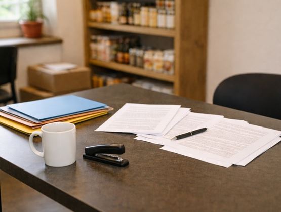 Table de travail avec des documents imprimés, un stylo, une tasse de café, une agrafeuse et des dossiers colorés, dans un environnement de bureau avec des étagères en arrière-plan.