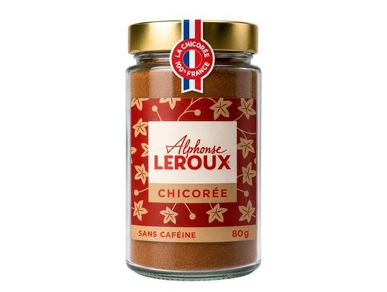 Pot de chicorée Alphonse Leroux sans caféine, avec un couvercle doré et une étiquette rouge à motifs floraux.