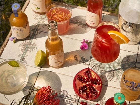 Boissons fruitées et colorées disposées sur une table ensoleillée, avec des fruits frais, des fleurs et un seau à glace.