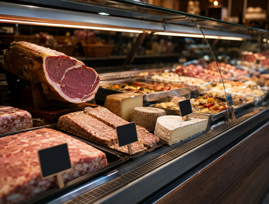 Vitrine d’épicerie présentant des jambons, charcuteries, terrines et fromages vendus à la coupe.