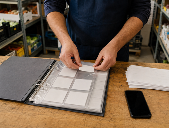 Commerçant classant des étiquettes dans un classeur afin d’archiver les informations de traçabilité des produits.