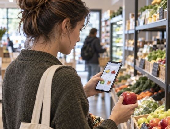 Femme faisant ses courses dans une épicerie tout en consultant des produits sur son smartphone.