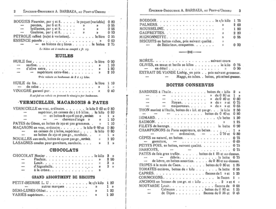 Vintage pages from a grocery catalogue featuring oils, pasta, canned goods and other products with their prices.