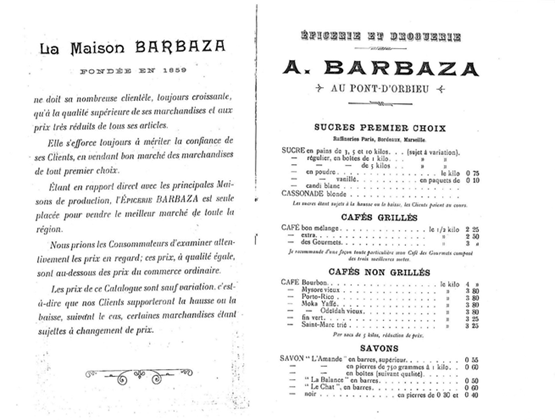 Pages from a vintage Maison Barbaza catalogue presenting its history and a selection of sugars, coffees and soaps.