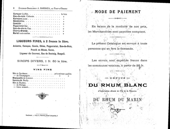 Anciennes pages de catalogue présentant des liqueurs, sirops, vins et les conditions de paiement de la Maison Barbaza.