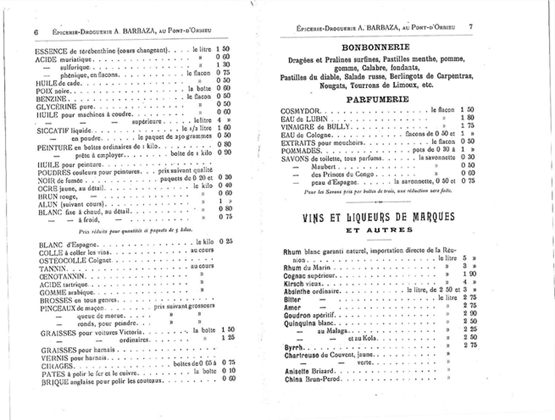 Pages from a vintage grocery catalogue featuring household goods, perfumery products, wines and liqueurs.