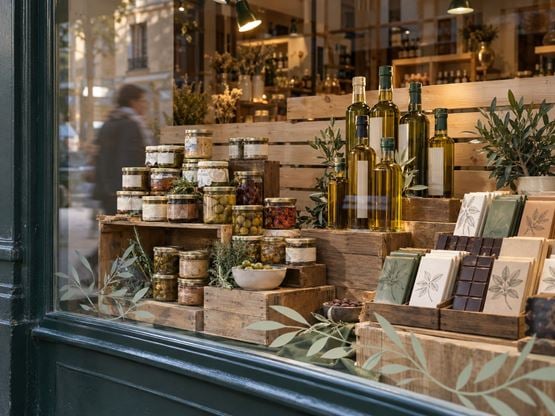 Vitrine d’épicerie de qualité composée sur plusieurs hauteurs : bocaux, huiles d’olive, tablettes de chocolat et branches d’olivier.