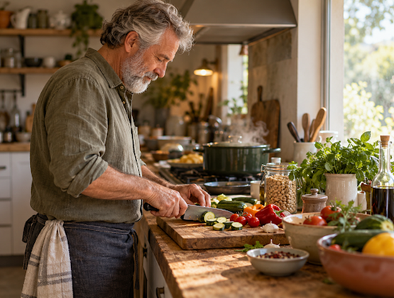 - Homme aux cheveux gris découpant une courgette dans une cuisine, entouré de légumes frais et d’herbes aromatiques.