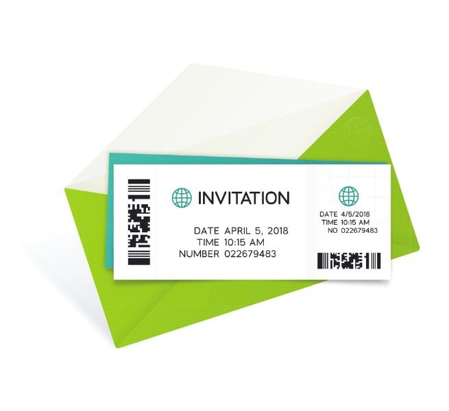Printed invitation with barcode and event date, placed inside a green and white envelope.