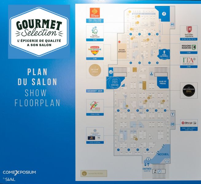 Detailed floorplan of the Gourmet Selection show with regional logos and marked areas.