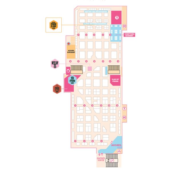 Colored view of the exhibition hall floorplan with signage and thematic areas.