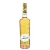 Bottle of non-alcoholic elderflower syrup by Giffard, on white background.