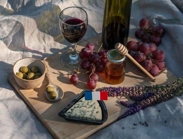 Planche apéritive avec fromage bleu français, raisin, miel, olives, vin rouge et lavande, sur une nappe en lin.