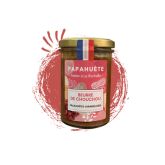 Pot de beurre de chouchou Papahuète, avec drapeau français sur le couvercle et fond graphique rouge.
