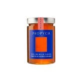 Jar of Propyca oak honey with blue and orange label, displayed on white background.