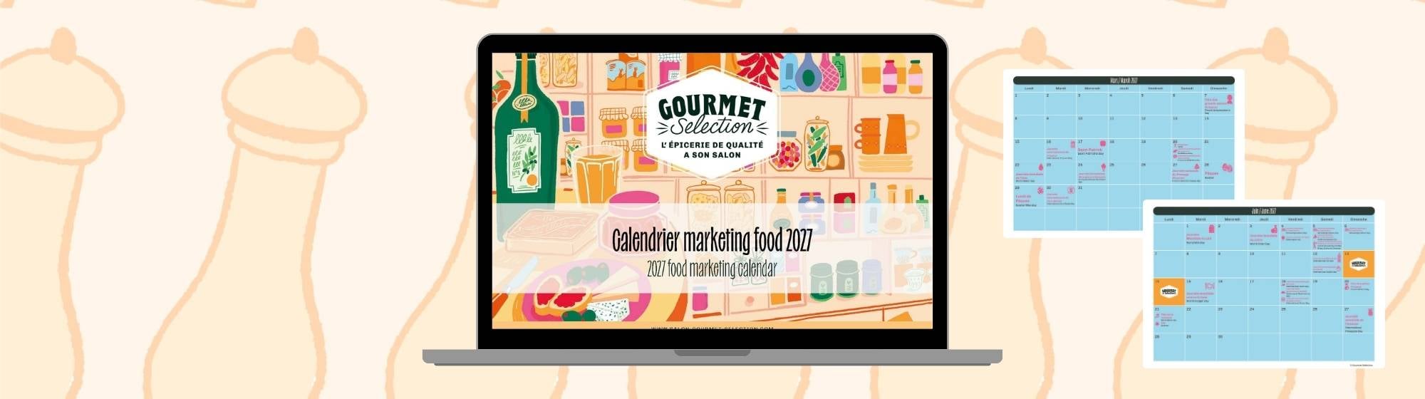 Laptop displaying Gourmet Selection’s 2027 Food Marketing Calendar, alongside calendar page previews on a pepper mill illustrated background.