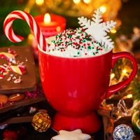Tasse rouge de chocolat chaud décorée de vermicelles colorés et d’un flocon blanc, accompagnée d’une canne en sucre d’orge et de décorations de Noël.