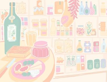 Illustration of a gourmet display with bottle, cheese, jam, and shelves filled with products in a soft, colorful style.
