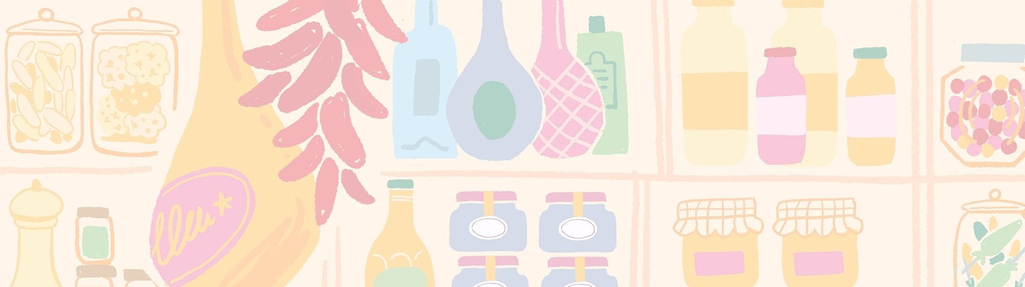 Pastel illustration of shelves filled with various food items like jars, bottles, and condiments.