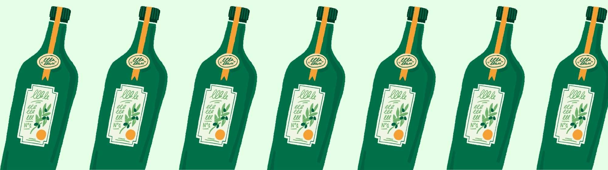 A graphic illustration featuring a repeating pattern of several green bottles in a hand-drawn style, used as a decorative visual element for the magazine À Goût Sûr.