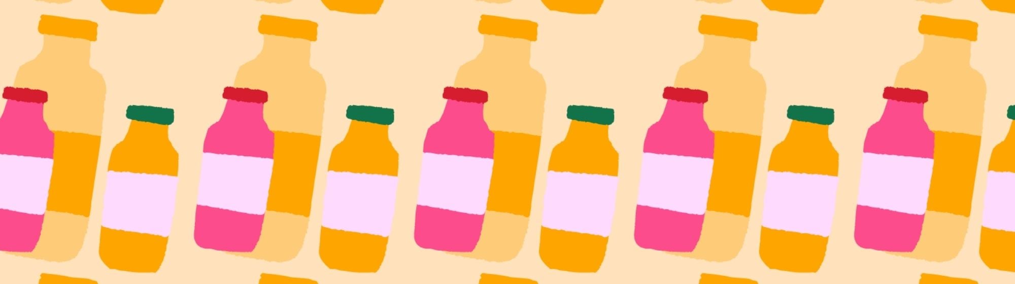 Motif illustré de bouteilles de boissons colorées, représentant les tendances du marché des boissons dans l'univers de l'épicerie fine.