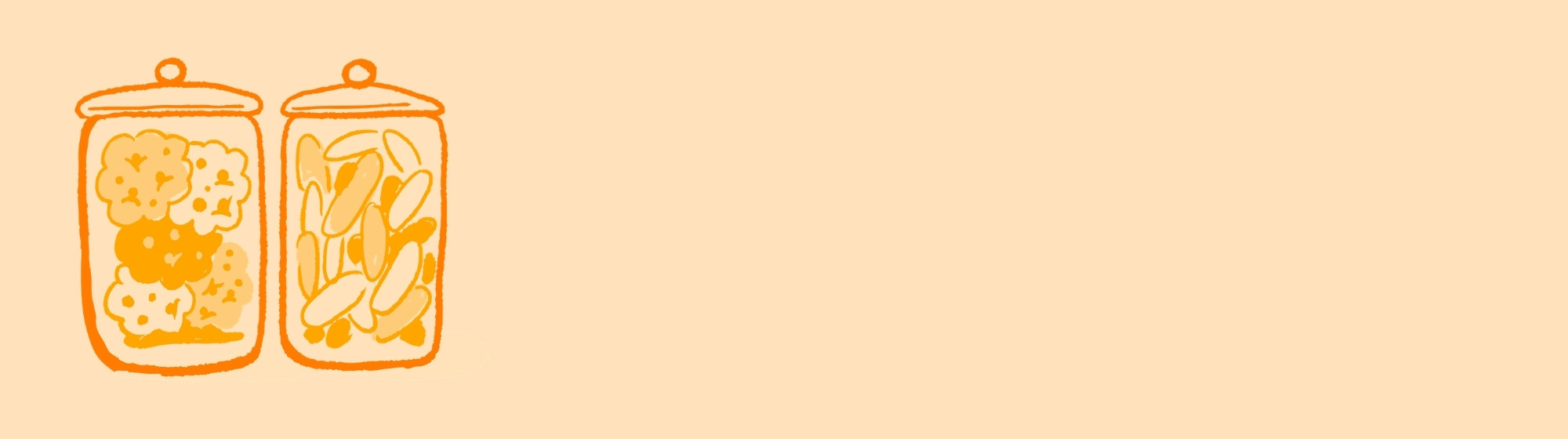 Illustration of two jars filled with cookies and pasta, drawn with orange outlines on a beige background.