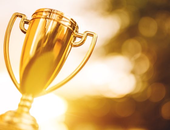 Trophée doré sur fond lumineux représentant une récompense ou un prix.