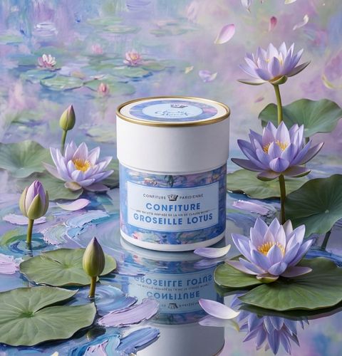 Jar of redcurrant lotus jam surrounded by purple water lilies on painterly water.