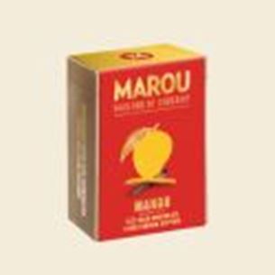 Red and yellow box of Marou pineapple chocolate, displayed on a minimalist beige background.