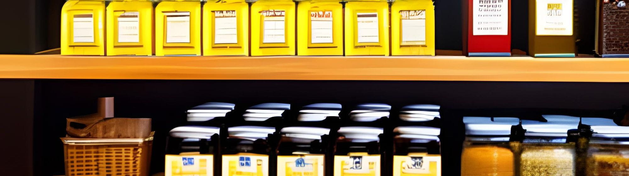 Etagères en bois avec des produits d'épicerie fine