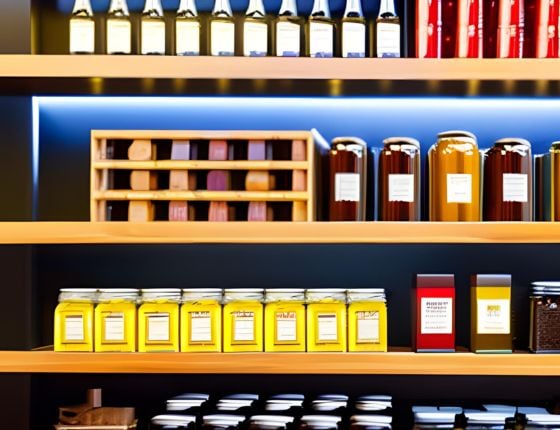Wood shelves with delicatessen products