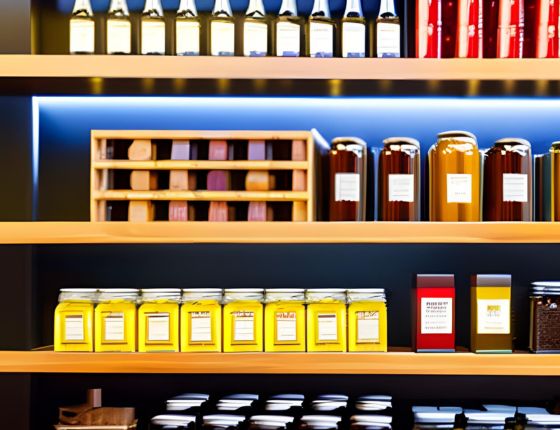 Etagères en bois avec des produits d'épicerie fine