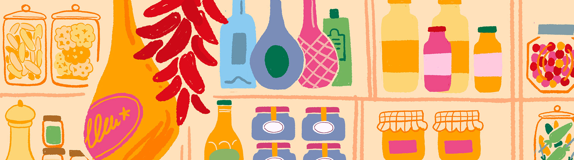 Illustration colorée représentant des étagères remplies de produits d'épicerie fine, dont des bocaux, bouteilles et pots de confiture.
